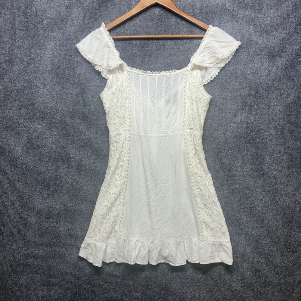 Forever 21 Lace Trim Milkmaid Mini Dress Womens Large White Ruffle Boho Summer